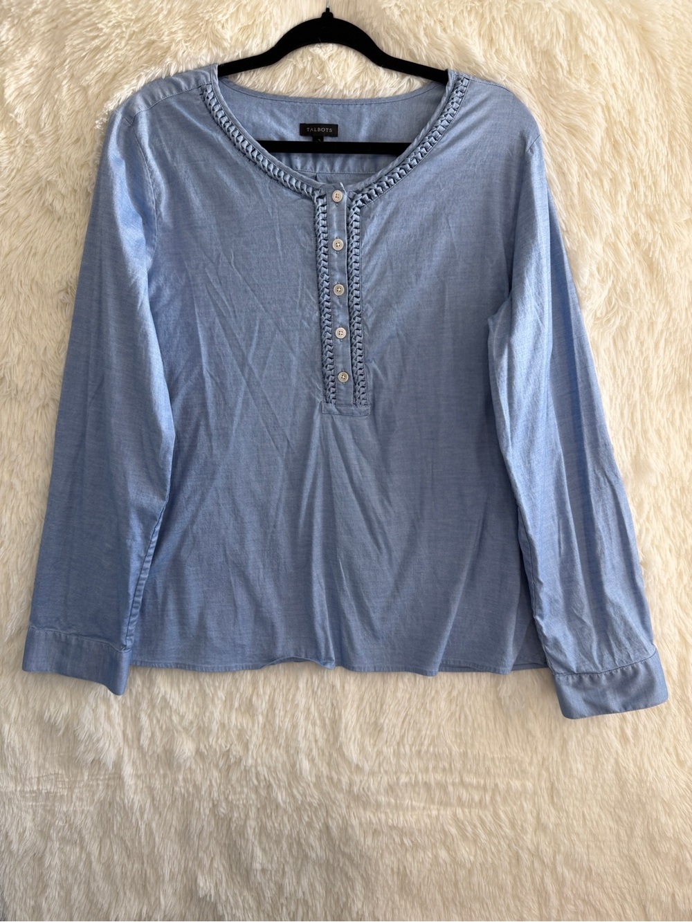 Talbots Womens Boho Cottagecore Denim Chambray Henley Top Size L Blue Preppy